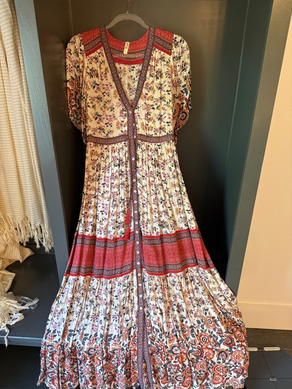 Spell Cream Maxi Dress with Red and Rust Floral Borders